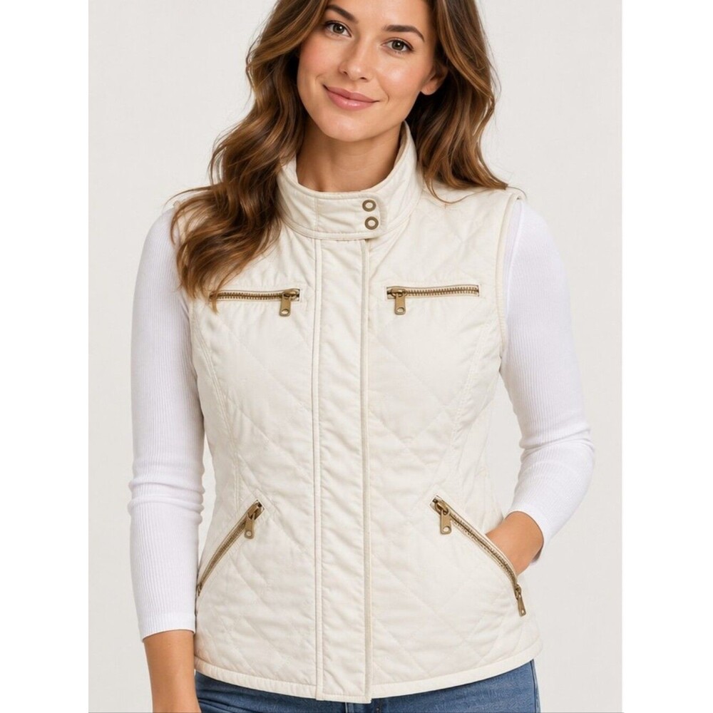 EUC Zara Basic women's quilted gold accent cream white vest, sz S